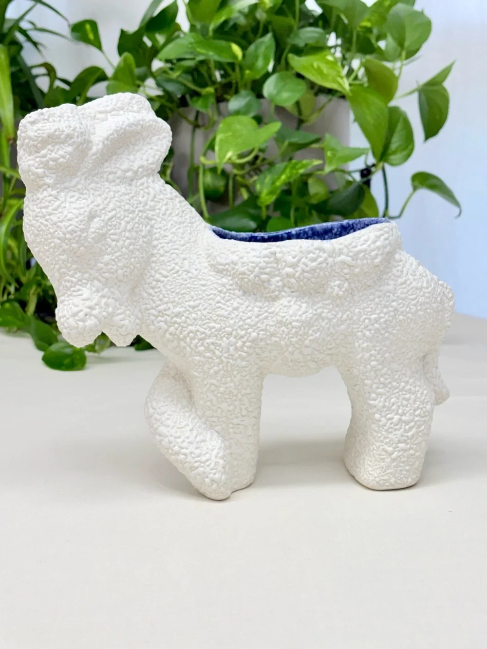 Vintage White Spaghetti Texture Donkey Planter Cobalt Blue Glaze